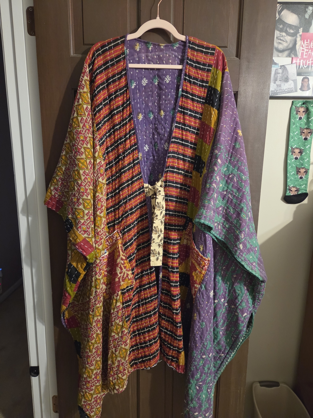 Bohemian Patchwork Kimono Jacket Robe Reversable With Tie & Pocets